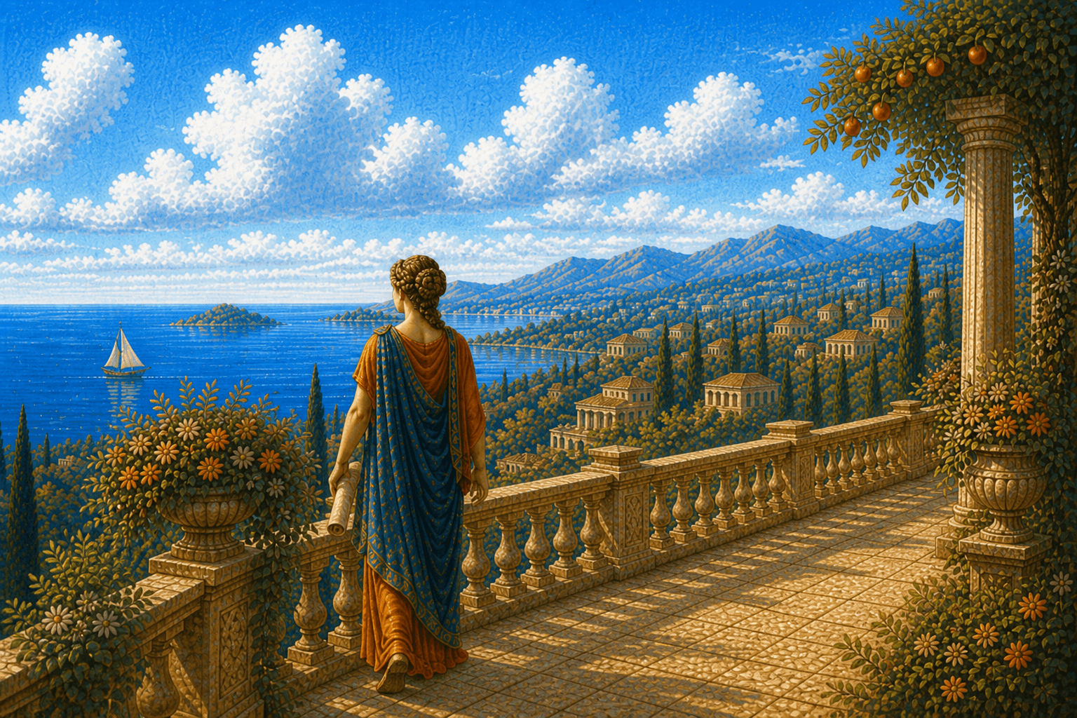 Plutavia — muse on a terrace overlooking a coastal bay